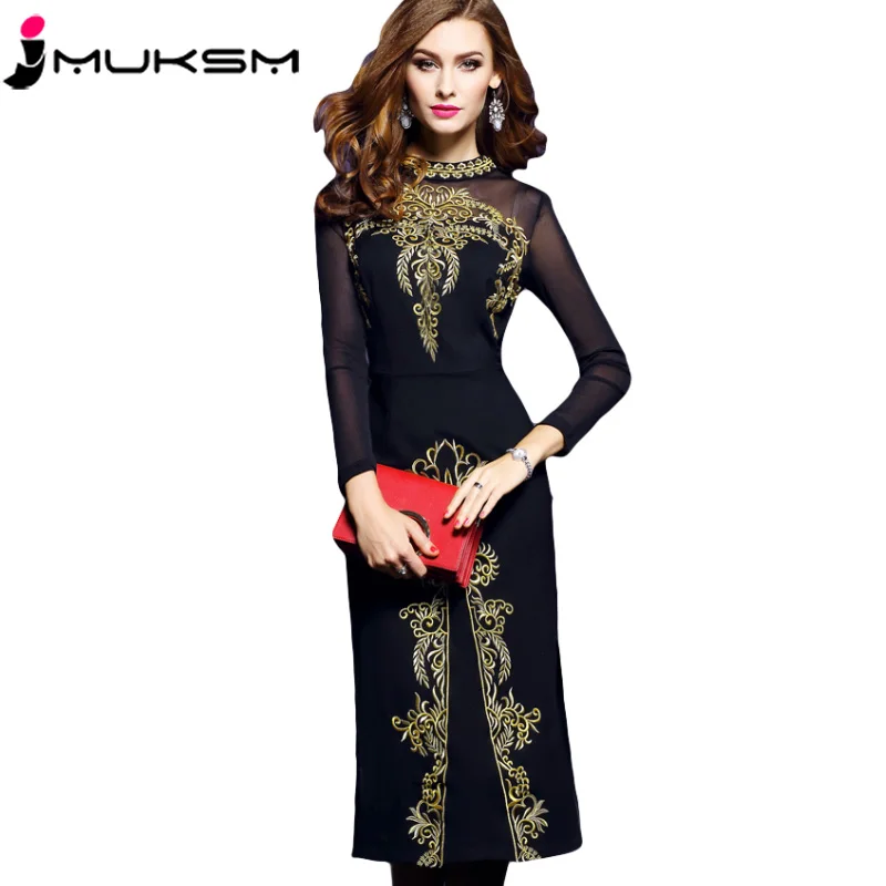 

Women Dress 2018 Spring Autumn Vintage Long Dresses Long Sleeves Black Net Yarn Embroidery Sexy Split Ends Slim Vestido P024