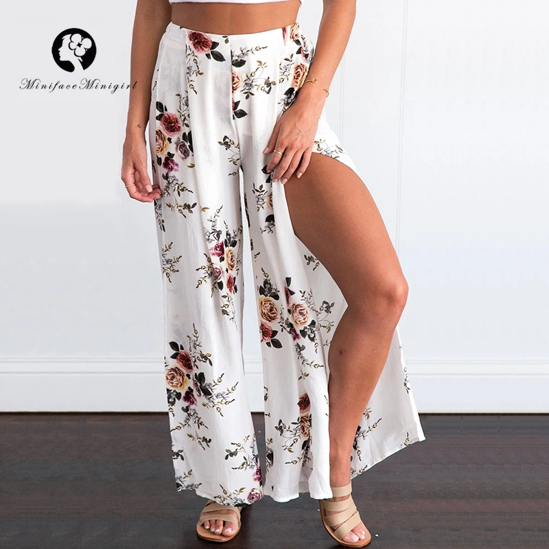Белые женские шифоновые брюки Boho 2018 летние свободные с цветочным принтом и