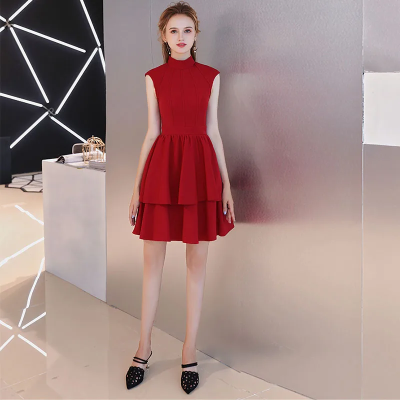 Vestido De Baile Latino Mujer Curto с высоким воротом Кепки рукава Выпускные платья Burgundy многоярусной юбкой официальная Вечеринка вечернее платья для выпускного вечера платья с короткими