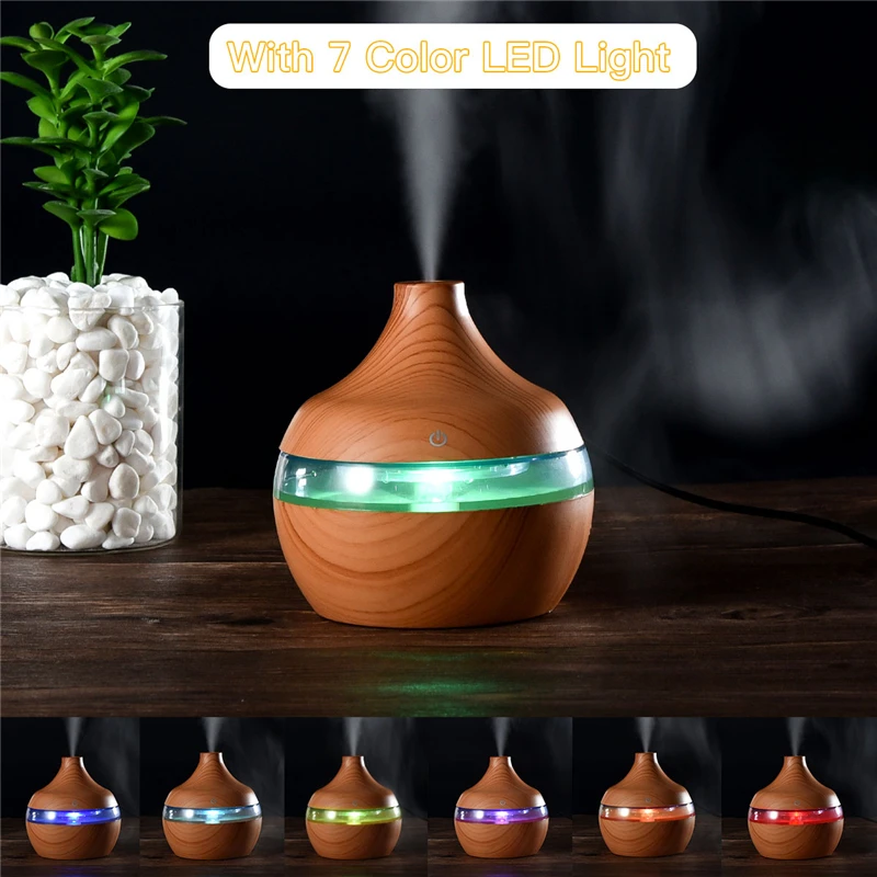 300ml USB Air Humidifier Wood Grain Mini Aroma Diffuser Ultrasonic Essential Oil Diffuser Cool Mist Maker with 7 Night Light 0