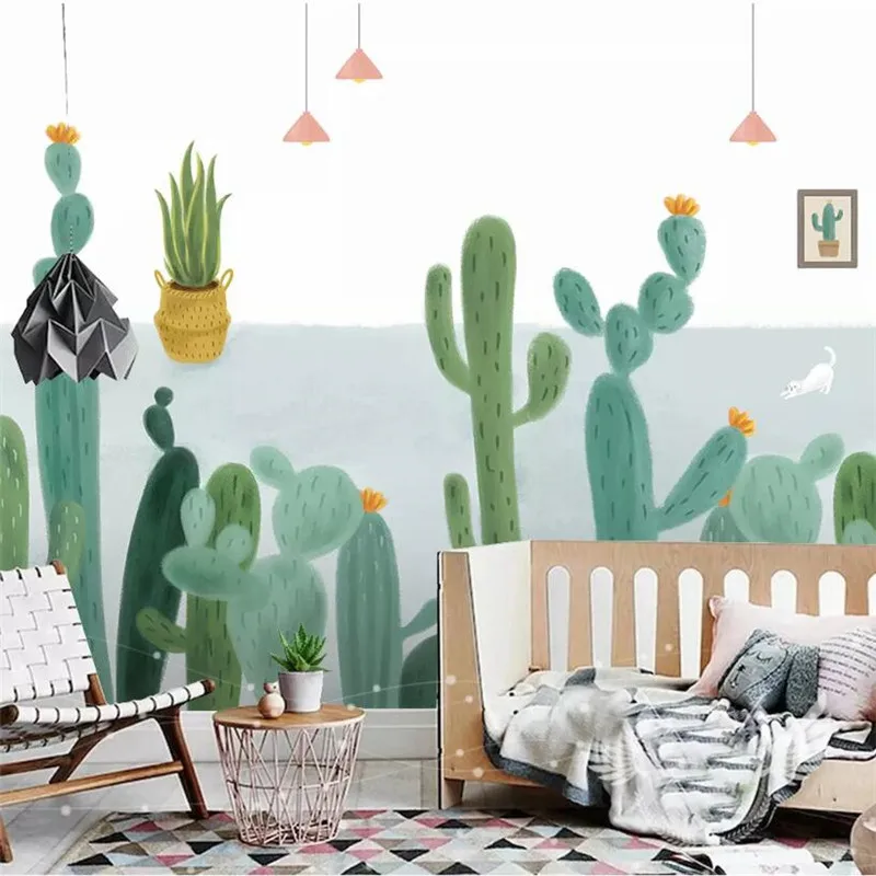 Cactus hand-painted minimalist TV background wall professional production mural wallpaper wholesale custom poster photo wall Cactus hand-painted minimalist TV background wall professional production mural wallpaper wholesale custom poster photo wall