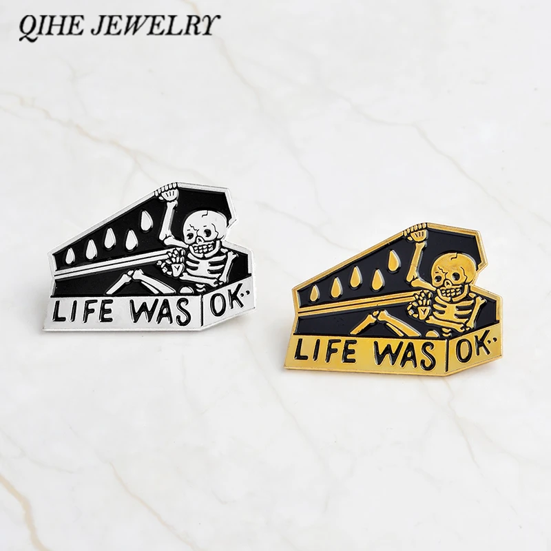 

QIHE JEWELRY Pins and brooches "LIFE WAS OK"Skull coffin enamel pins Skull pins Badges Brooches Black skeleton jewelry