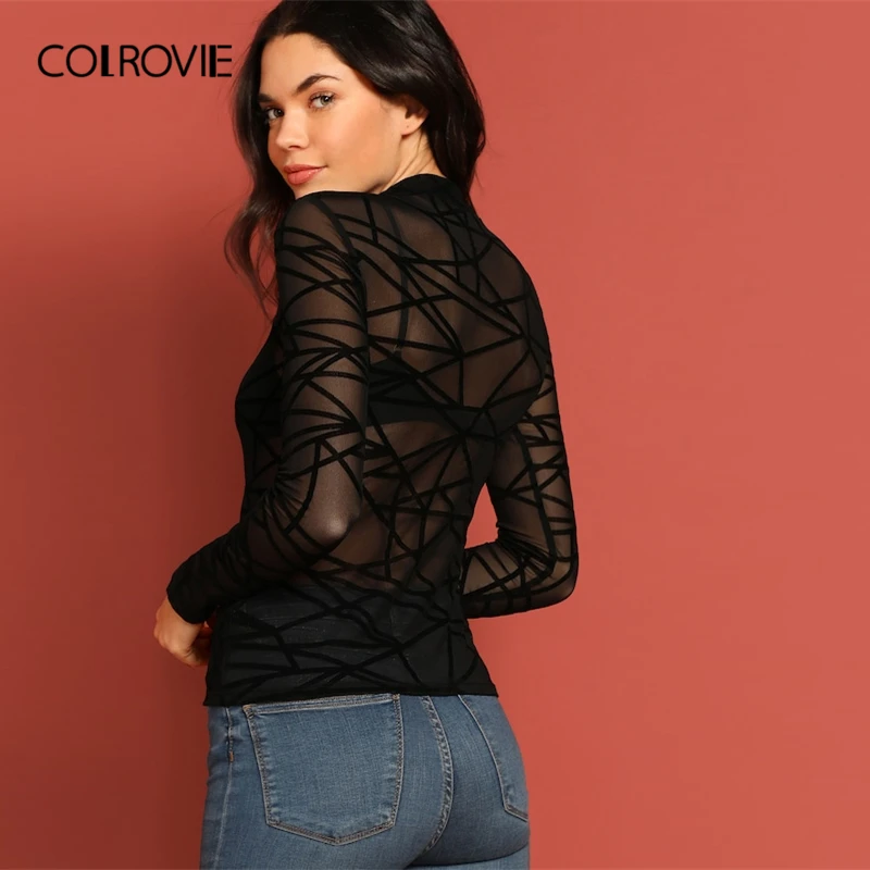 COLROVIE Black Sheer Sheer Mesh Geo Slim Fitted Sexy T-Shirt Women 2019 Spring Korean Long Sleeve Shirts Tee Club Ladies Tops
