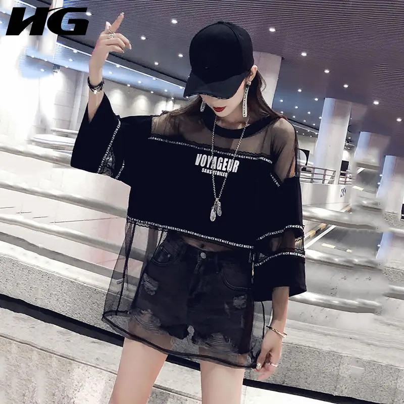 

HG Letter Splice Mesh Plus Size Long TShirt Street Hip Hop Sexy Tide Tee Three Quarter Sleeve 2019 New Casual Loose WLD1813