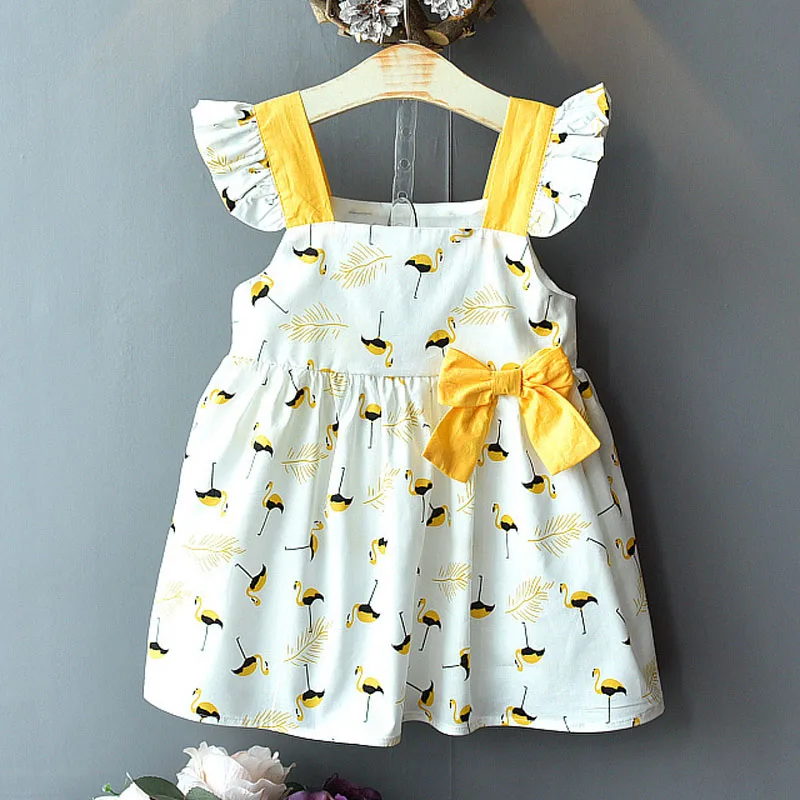 

Girls Dresses 2019 Summer New Children's Wear Girls Sweet Wooden Ear Straps Crane Children's Western Bow Dress