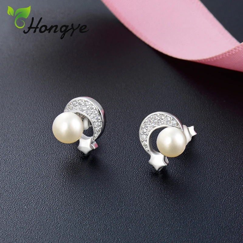 

Hongye S925 Stud Earrings Star and Moon Zircon Decorative Quality Shell Pearl Fashion Earrings Stylish Girls Real Pearl Jewelry