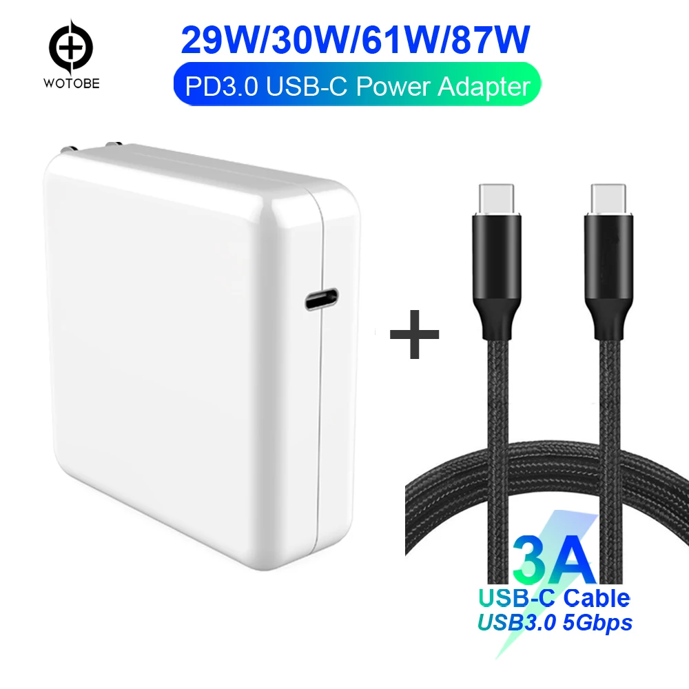 USB-C Мощность адаптер 29 W/30 W 61W 87 Вт PD Зарядное устройство USB3.0 5 Гбит/с кабелем для MacBook Pro/Air iPhone/iPad Pro(стандартные USB-C кабель