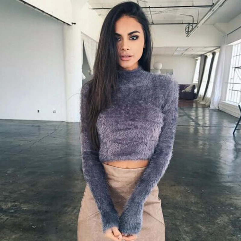 

Women Fashion Sweaters Autumn Casual Knitted Fluffy Jumper Crop Top Turtle Neck Long Sleeves Mohair Pullover Knitwear 6Q0500