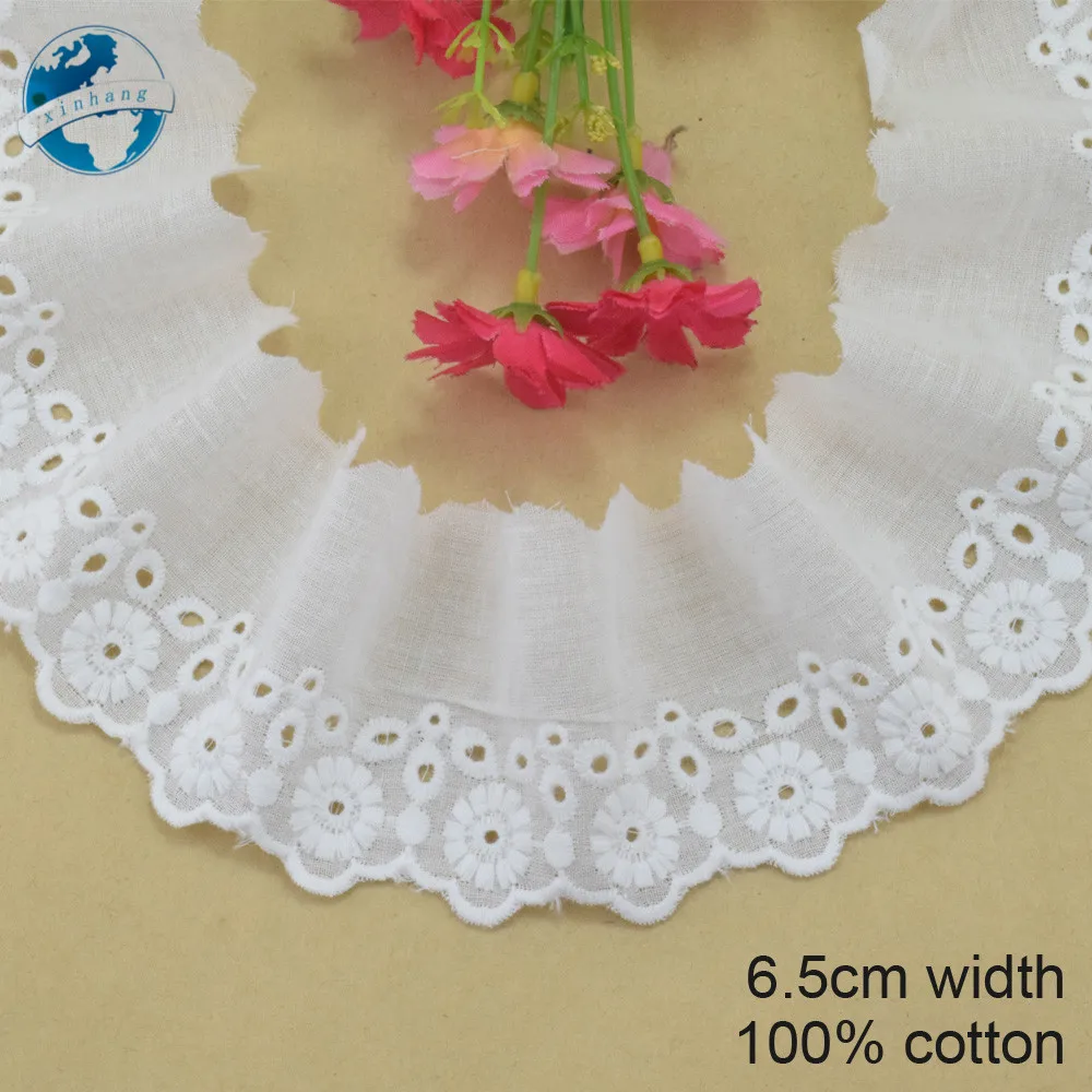 

6.5cm wide white lace cotton embroid lace sewing ribbon fabric guipure diy trims warp knitting DIY Garment Accessories#3181