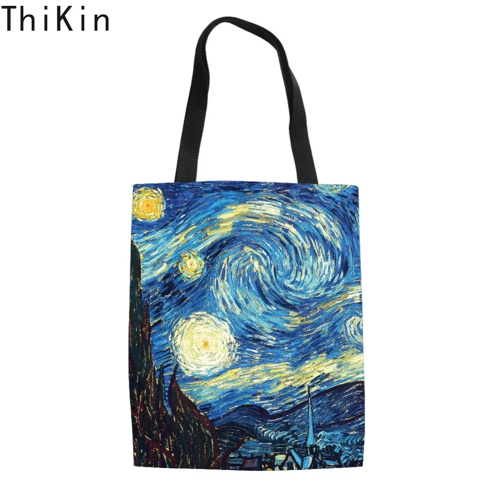 THIKIN Van Gogh Автопортрет краски хозяйственные сумки дорожные сумки складные девушки олилс большая Льняная сумка женская сумка на плечо из ткани