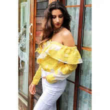 Cold shoulder blouse shirt women tops Summer cotton blouses chemise Yellow ruffle striped long sleeve shirt women tops