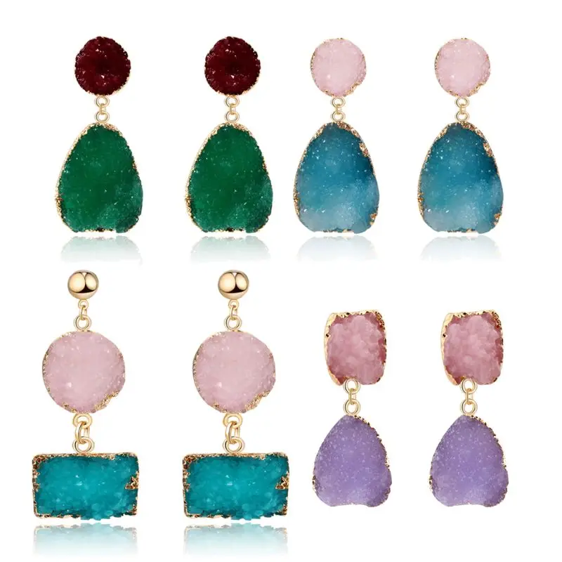 

Colorful Druzy Stone Drop Earrings Natural Quartz Geode Crystal Fashion Jewelry