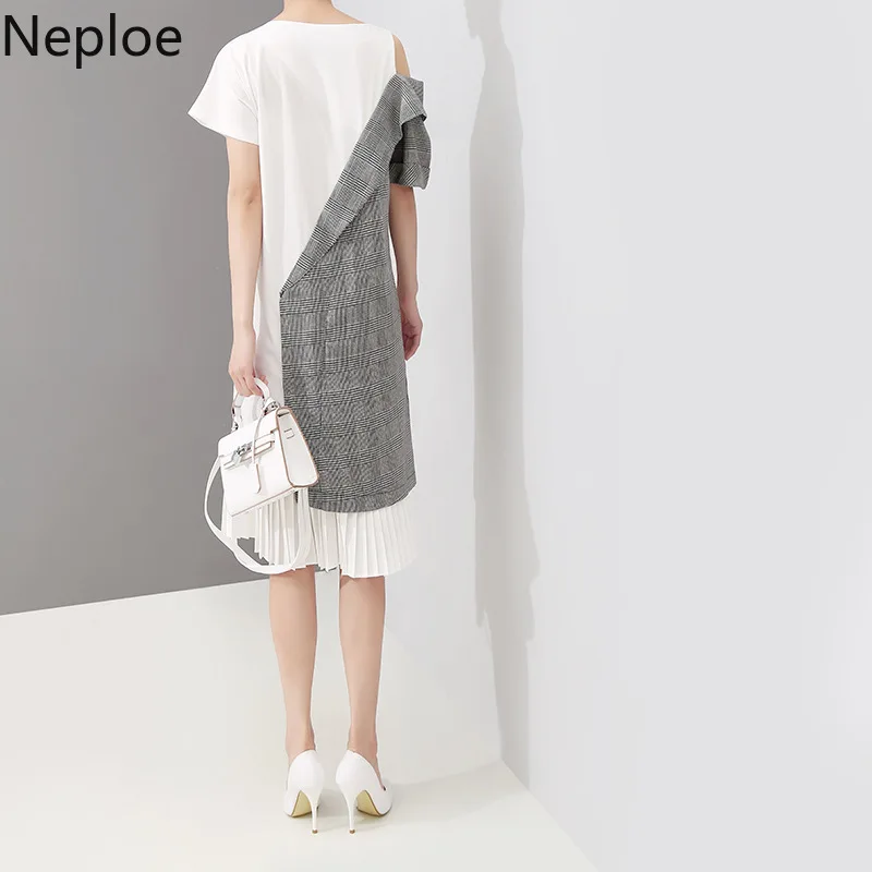 

Neploe O-Neck Patchwork Plaid Dresses Irregular Shoulder Strapless Vestidos Button Short Sleeve Summer 2019 Dress 45160