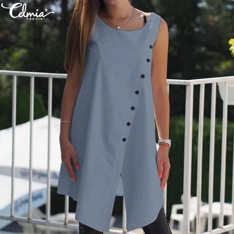 2019 Celmia خمر البلوزات النساء غير المتكافئة تونك قمم الصيف أكمام أزرار عارضة انقسام طويل قمصان زائد حجم Blusas 2019 Celmia خمر البلوزات النساء غير المتكافئة تونك قمم الصيف أكمام أزرار عارضة انقسام طويل قمصان زائد حجم Blusas