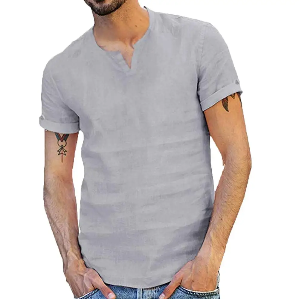 

Men's Harajuku Fashionable Cotton Blouse V-neck Short Sleeve Linen Shirt Blouse Comfortable Pullover Top For 2019 Summer Male