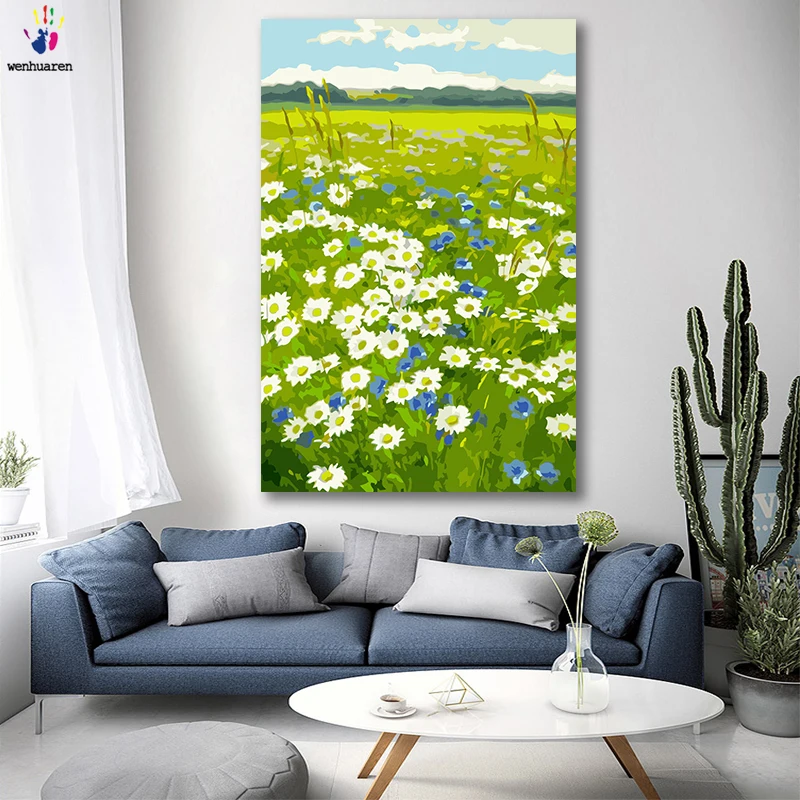 

DIY colorings pictures by numbers with colors White daisy flower sea picture drawing painting by numbers framed Home