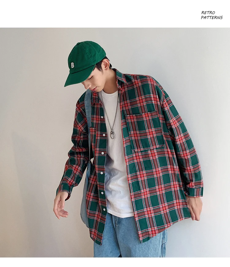 Весенняя Мужская рубашка в клетку 2019 Новая повседневная ретро модная длинная рубашка мужская уличная хип-хоп Свободная рубашка с длинными