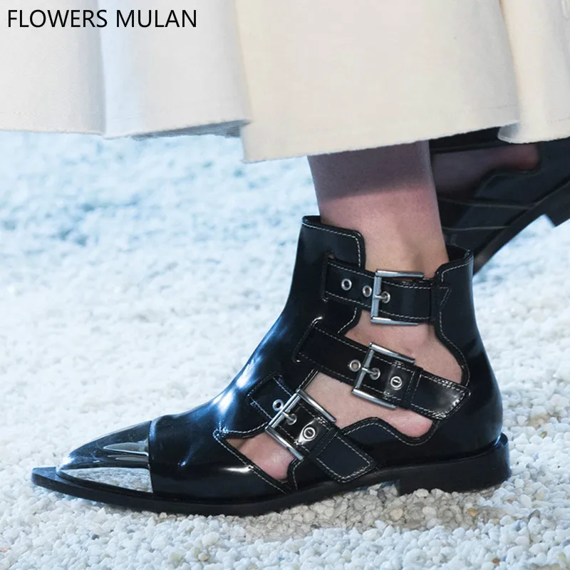 

Martin Boots 2019 Black Real Leather Biker Boots Women Luxury Metallic Toe Three Buckle Botines Mujer Cut Out Brand Shoes Woman