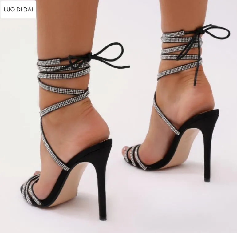 Г. женская модная обувь для вечеринок сандалии со стразами сандалии с острым носком босоножки на высоком каблуке 12 см со шнуровкой