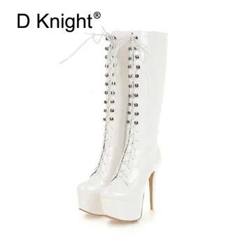 

Sexy Pole Dance Boots Round Toe Mid-calf Women Shoes 14cm Platform High Heels Patent Leather Knee High Women Boots Plus Size 43