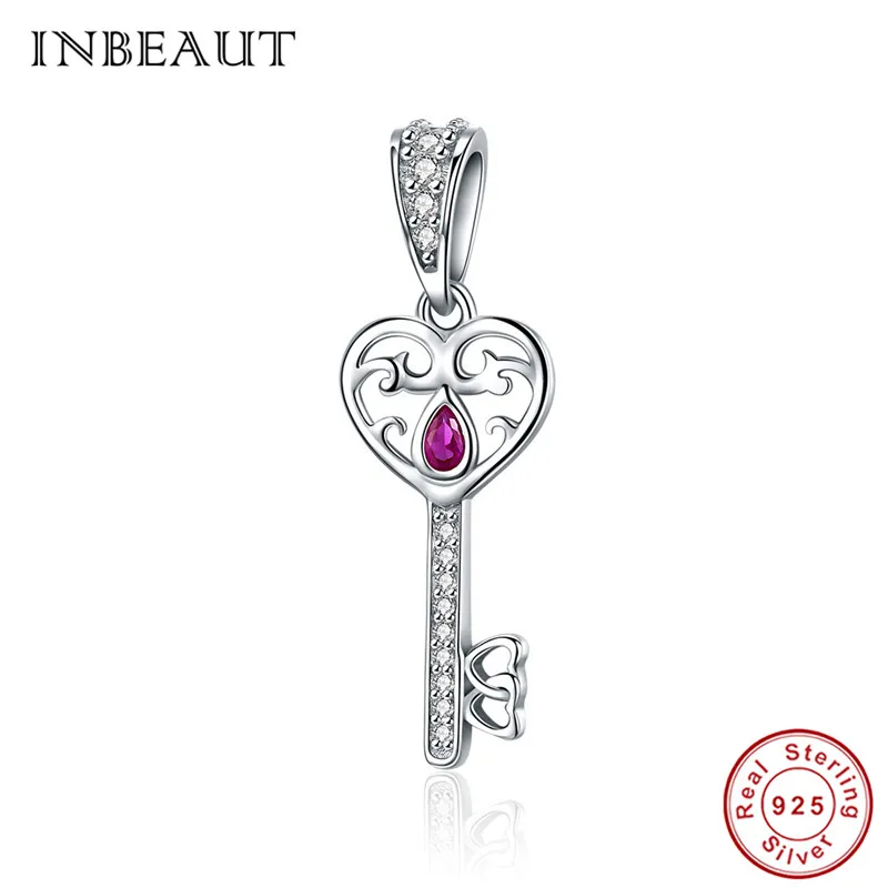 

INBEAUT Heart Lock Key Charm fit Trendy Bracelet 925 Sterling Silver Water Droplet Win Red Zircon Keys Pendant Beads for Chain