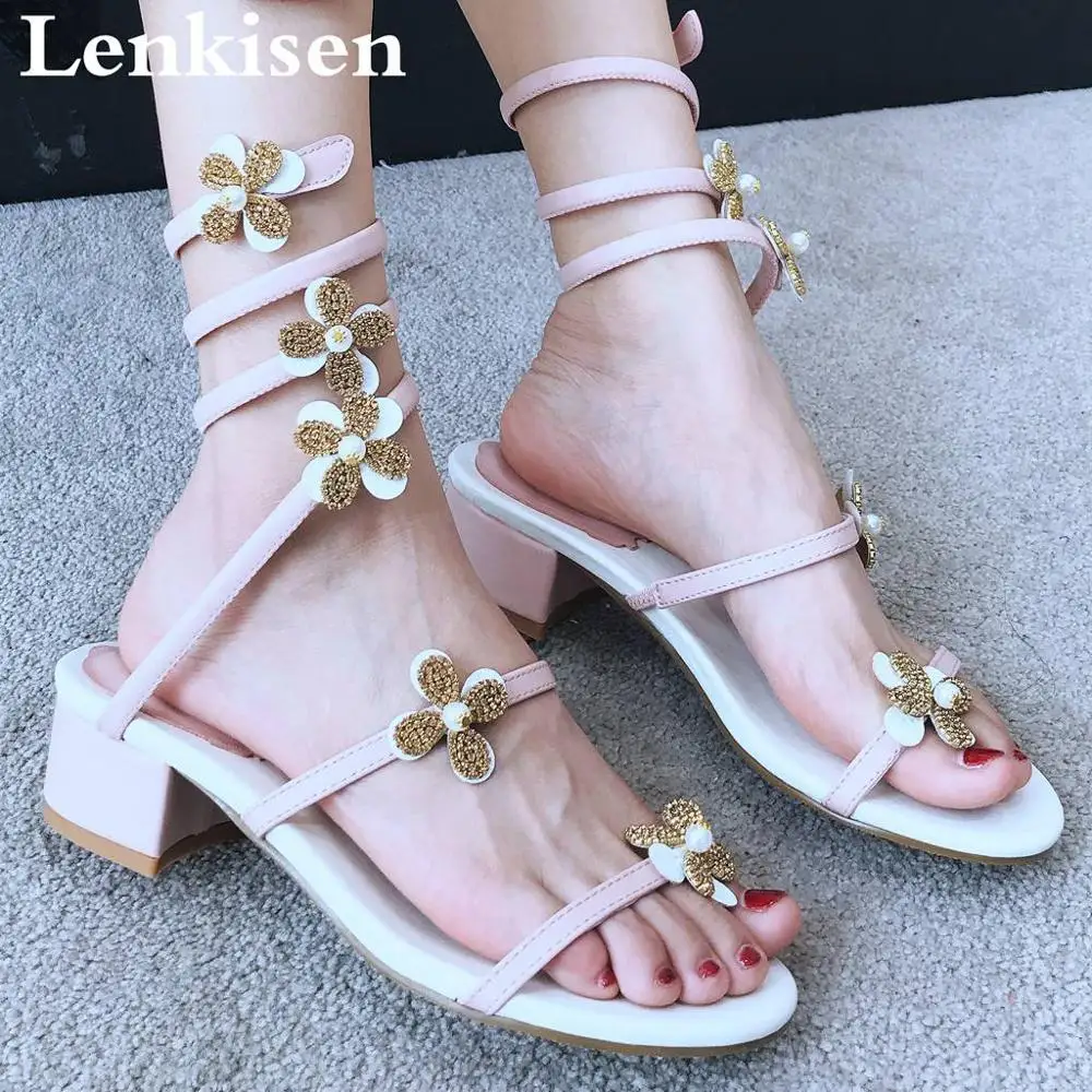 

Lenkisen fairy girls sweet princess style thick high heels slip on women sandals peep toe flowers pearls decoration shoes L70