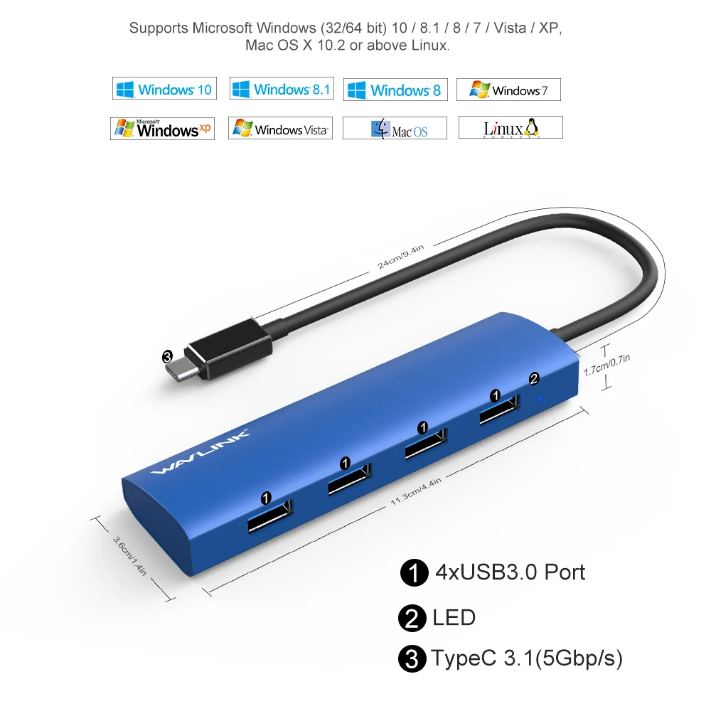 Wavlink USB 3,1 Тип C концентратор 4-Порты и разъёмы USB 3,0 Hub адаптер Алюминий тела Тип-C USB хаб для Macbook, Chromebook Pixel USB-C устройств
