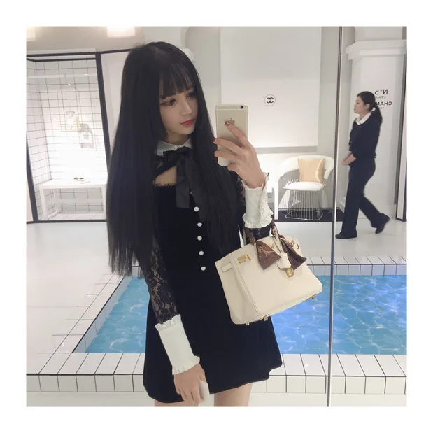 

2017 Spring Sexy Cute Women's Vintage Black & White Patchwork Hollow Out Lace Dress Long Sleeve Bow Pin Slimfit Dress One Piece