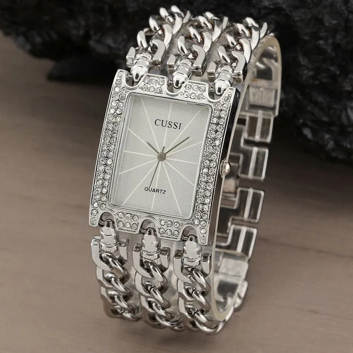 

A058 Women Watch Luxury Wrist Watch Analog Quartz Watches Stainless Steel Fashion Rhinestone Bracelet Three Chains Silver