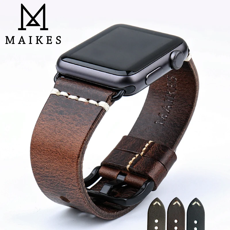 MAIKES Leather Strap Replacement For Apple Watch Band 44mm 40mm 42mm 38mm Series 4 3 2 iWatch Vintage Oil Wax Leather Watchband