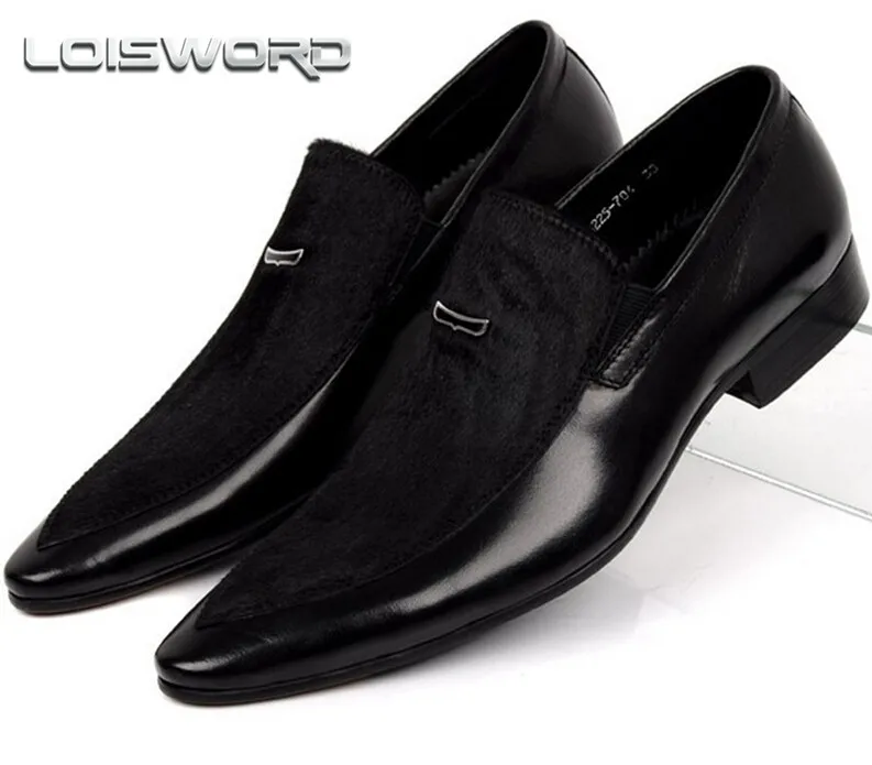 LOISWORD Large size EUR45 Black mens suede dress shoes genuine leather pointed toe business ...