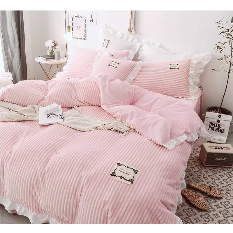 

Bed Set 3/4 Pieces Pink Green Grey Bedding Set Twin Queen King Size Coral Fleece Duver Cover Bedspread and Pillowcases for Girl
