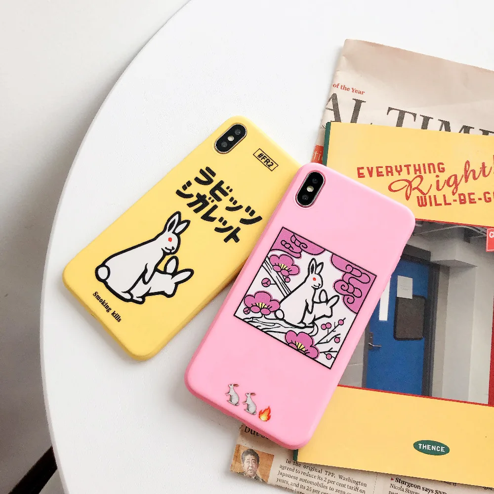 

Japan Smoking Killss Rabbit Trend Matte Pink Yellow Color Phone Case For iphone X XR XS MAX Case Cover For iphone 6S 6 7 8 Plus