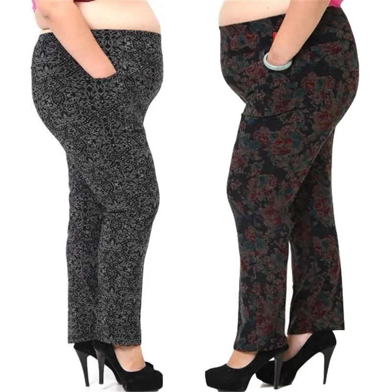 

Women Pants 2019 Winter Vintage Printed Slim Trousers High Elastic Waist Plus Size 3XL-6XL Middle Age Women Trousers J265