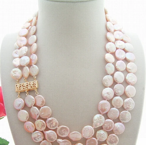 

FREE SHIPPING>@@> N3511 3Strds 12MM Natural Pink Pearl Necklace