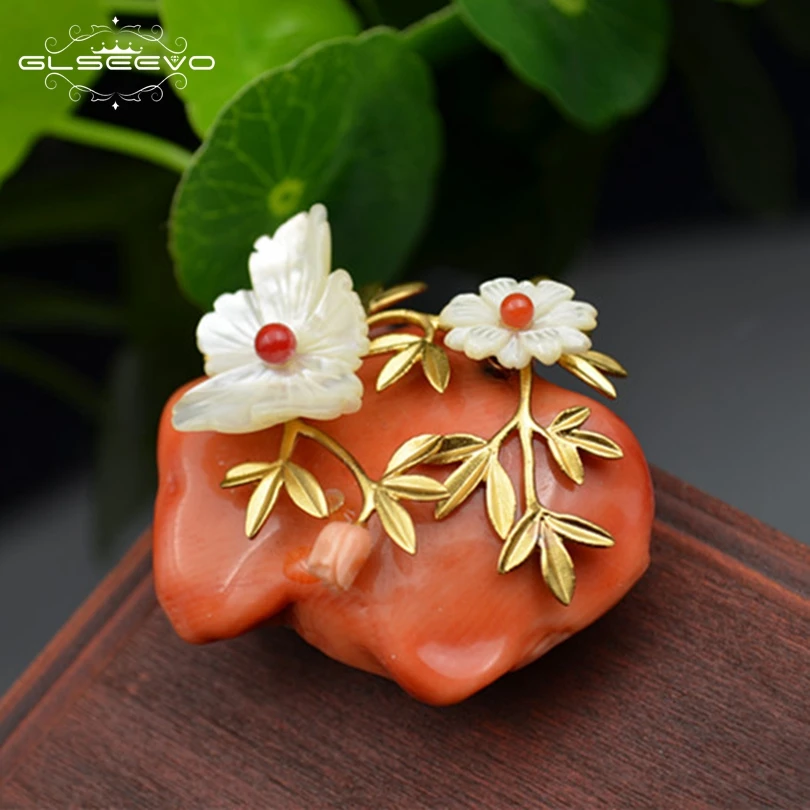 

GLSEEVO Natural Coral Mother Of Pearl Flower Brooch For Women Accessories Pins And Brooches Dual Use Luxury Fine Jewelry GO0125