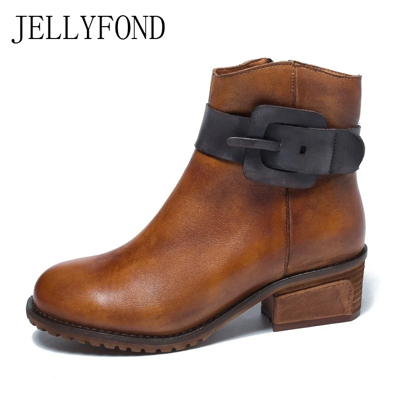 

JELLYFOND Buckle Strap Ankle Boots Women Genuine Leather Winter Shoes Woman 2018 Vintage Calfskin Platform High Heels Boots