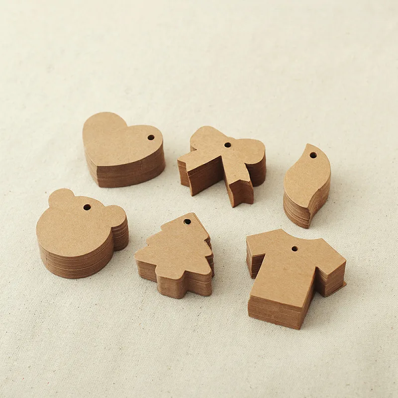 

100pcs Kraft Paper Tags bear/bowknot/tree/Heart Shape Label Wedding Event Note Wish Greeting Card Price Craft Gift Hang Tag