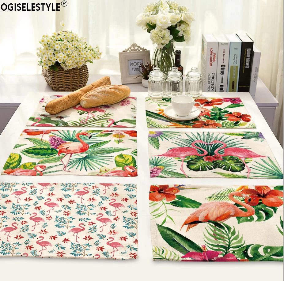 

OgiselestyleFlamingo Pattern Cotton Linen Placemat Printed Table Mat Heat-Insulation Dining Table Kitchen Tableware