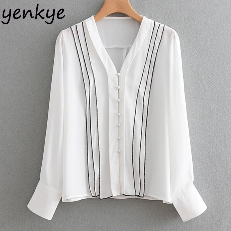 Women Contrasting Piping White Blouse Female Flowy V Neck Long Sleeve