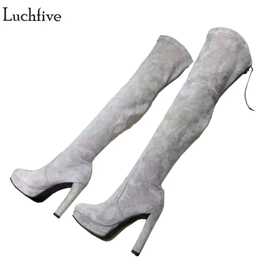 

Luchfive Stretch flock suede Over The Knee Boots Womens platform high heels winter Thigh High Boots platform 2018 bota feminina
