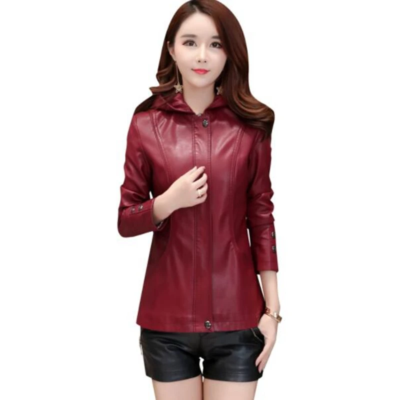 

2018 spring and autumn new women's leather jacket Slim middle-aged M-5XL leather jacket hat coat