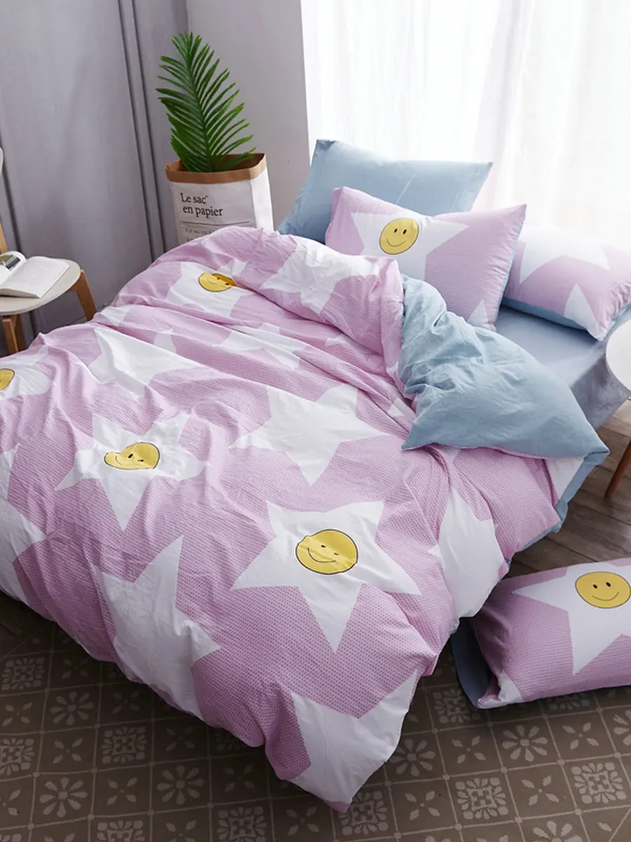 

3/4 Pcs Home Bed Linen Set Smiling Face Pattern Comfy Bed Clothes