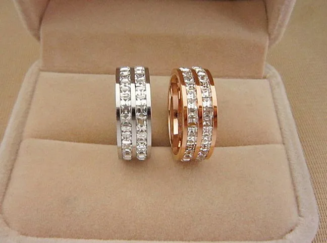 

Korean Fashion C Zircon Stone Surrounded Titanium Steel Wedding Ring High Quality double row zircon oxide man ring