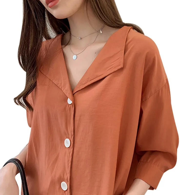 

2019 womens tops and blouses Summer Simple Solid V-Neck Three Quarter Sleeve Button Up Loose Chiffon blusas