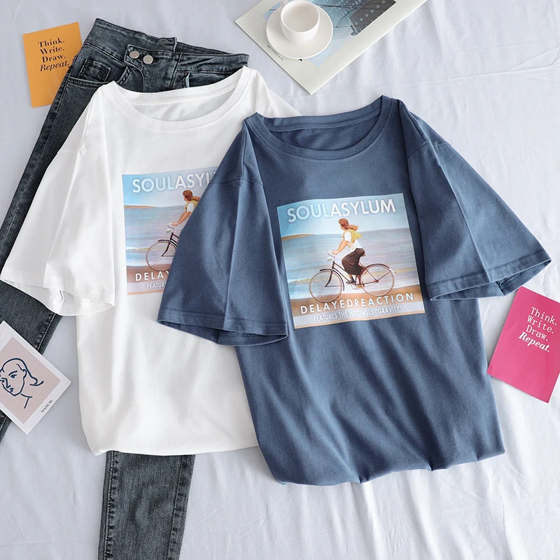 

T-shirts Women Simple Printed Girls Loose T shirt O-Neck Clothes Womens Daily Students Short Sleeve Tee Korean Style Ladies tops