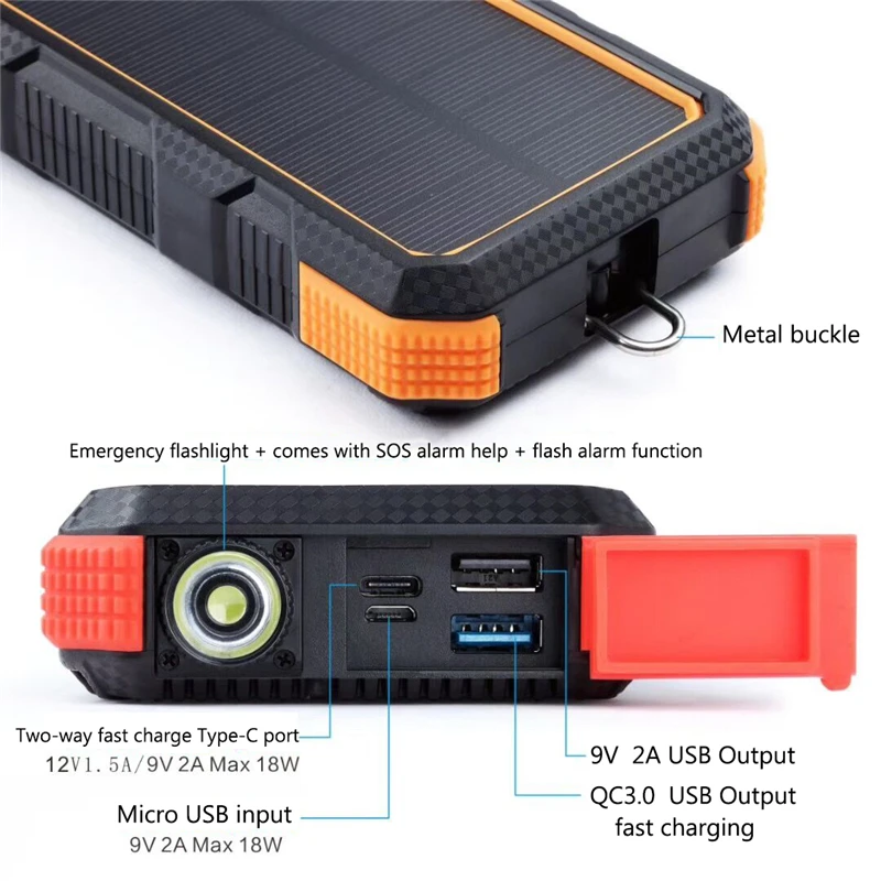 Солнечный внешний аккумулятор, водонепроницаемый внешний аккумулятор, 30000 мА/ч, Тип C, внешний аккумулятор, PD, быстрая зарядка, быстрая зарядка, 3,0, портативное зарядное устройство для xiaomi