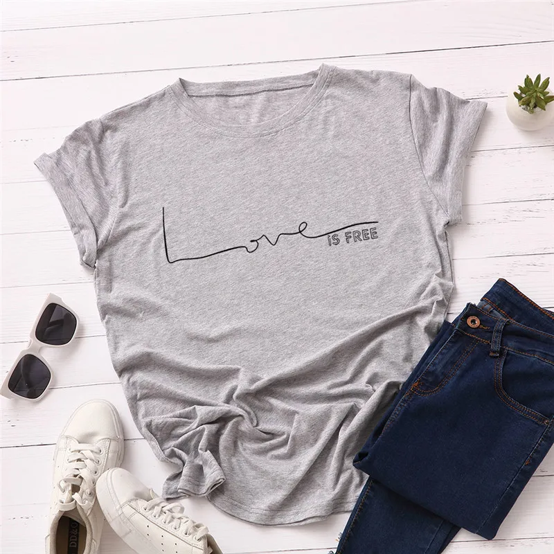 Новая модная женская футболка с надписью Love размера плюс S-5XL, хлопок, круглый вырез, короткий рукав, летняя футболка, топы, Повседневная футболка