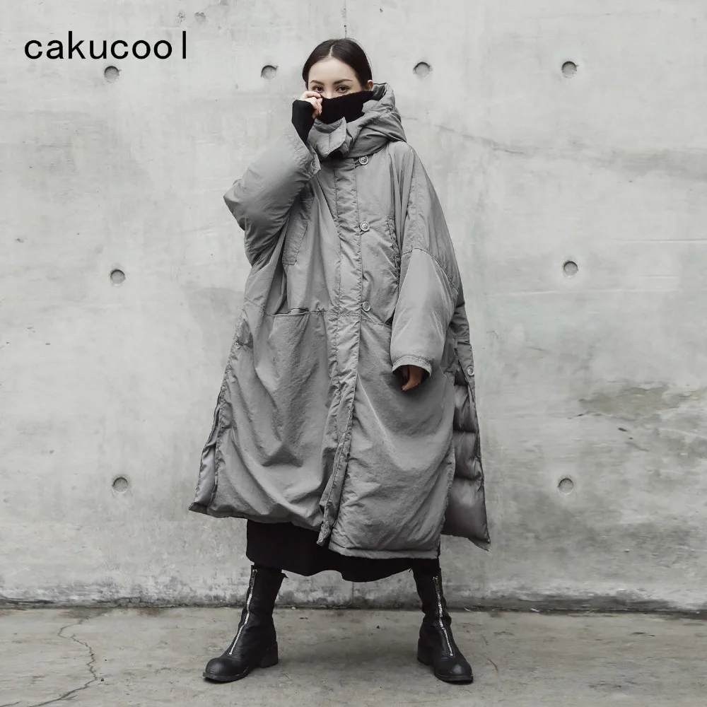 Cakucool, темно-Черная Женская Зимняя парка, х-длинная хлопковая подкладка, пальто, свободные, большие, широкие, с Боковым Разрезом, утолщенные парки, верхняя одежда для женщин