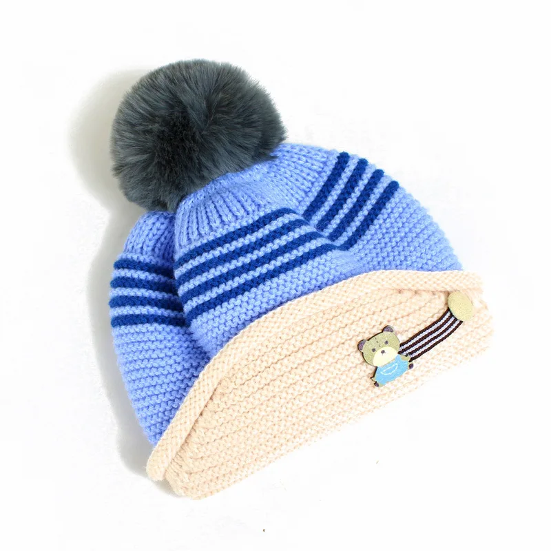 Модные детские зимние енотовые Меховые детские шапки для девочек, вязаные шерстяные шапки с ушками, шапка, вязаная детская шапка - Цвет: Небесно-голубой